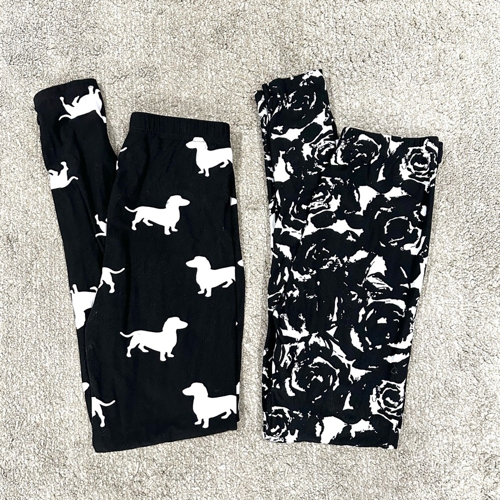 Black & White Womens Leggings Duo - Dachshund Print + Floral